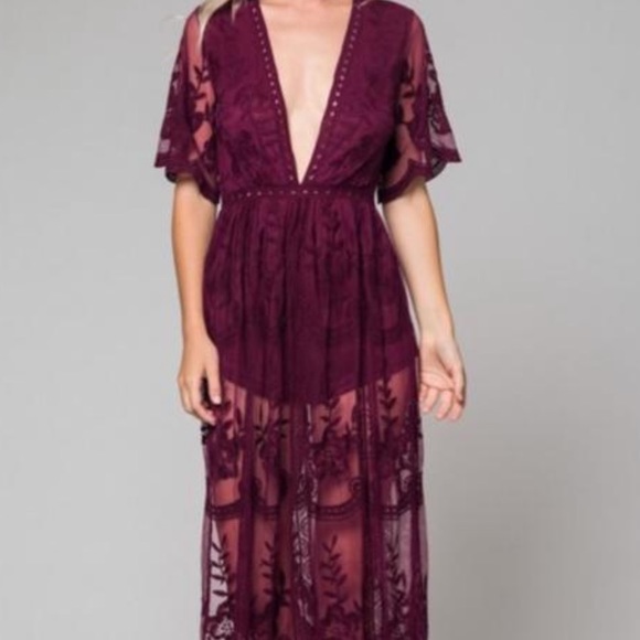 Socialite Dresses & Skirts - 🍷 Wine Red Deep V Lace Romper Dress